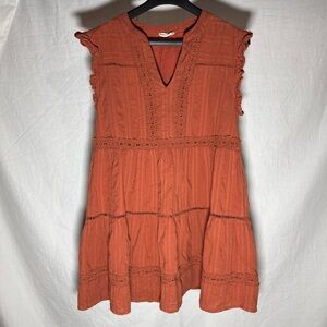 Altar'd State Burnt Orange Mini Dress with Crotchet Lace & Ruffle Sleeves